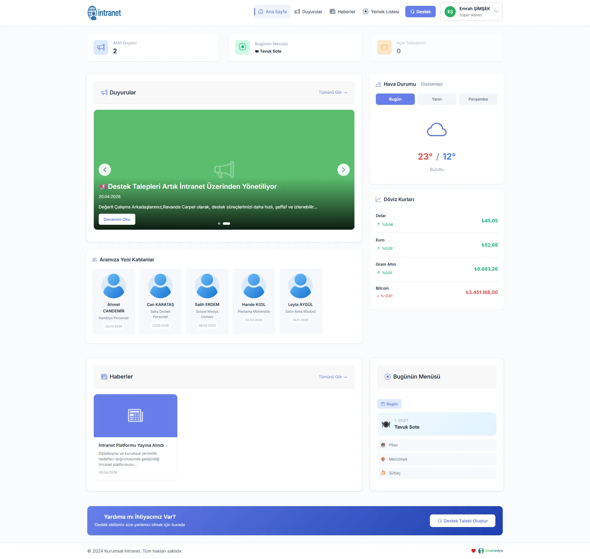 Kurumsal intranet scripti kullanıcı paneli ana sayfa ekranı